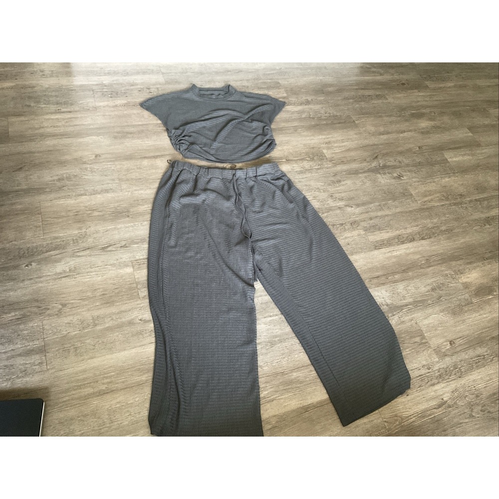 Shein Curve Gray 2 Piece Pant Set Size 3XL Mock Neck Wide Leg Relaxed Fit